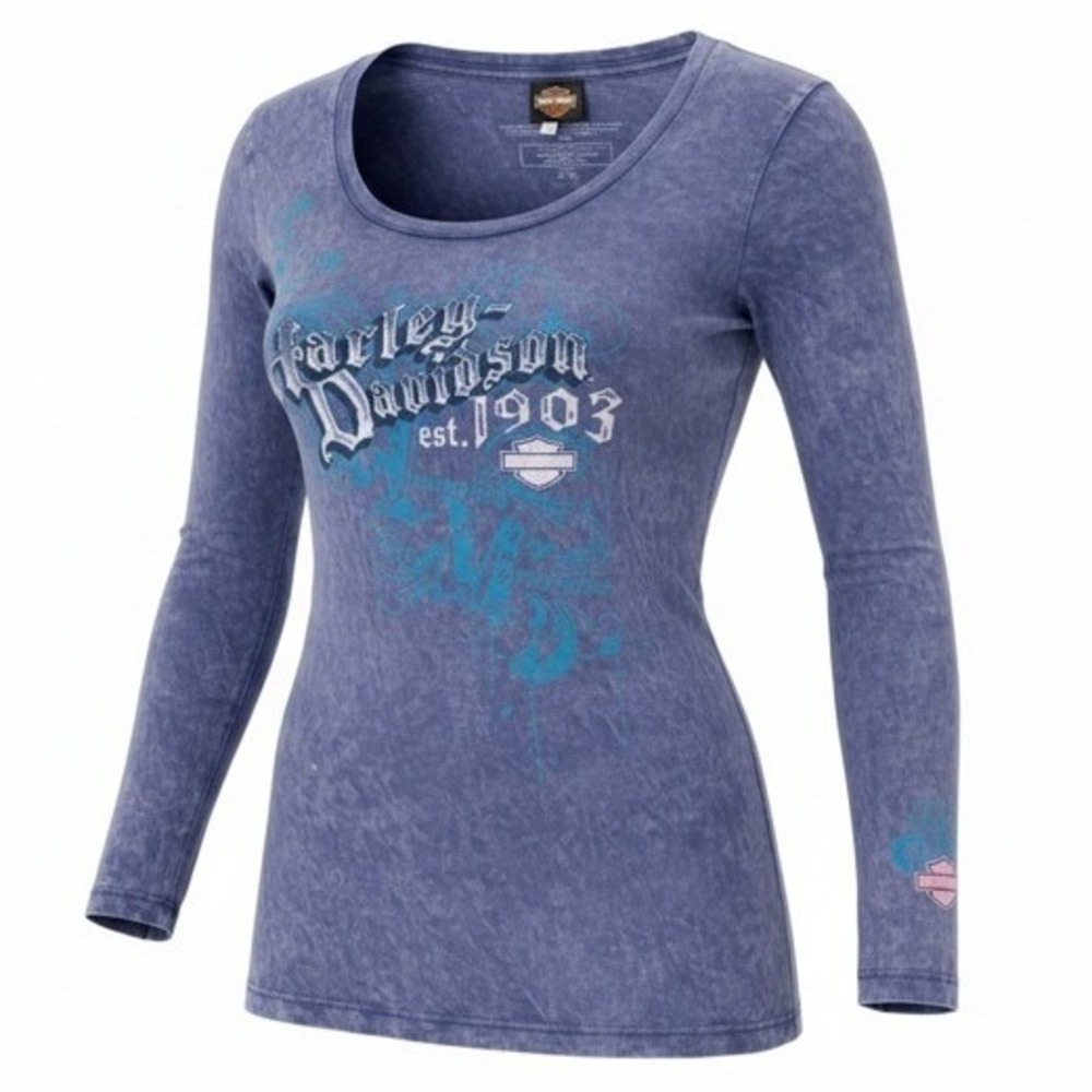 Harley-Davidson Graphic Acid Wash Long‎ Sleeve Top Women XL Purple Biker EUC
